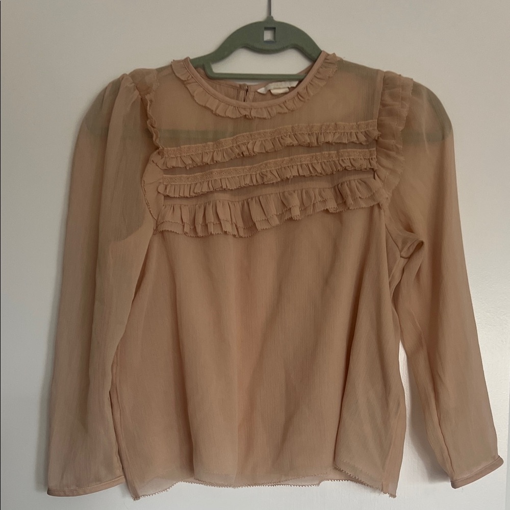 H&M Beige Ruffle Sheer Blouse - Women Tops